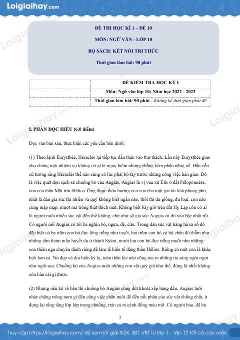 Đề thi học kì 1 Văn 10 Kết nối tri thức - Đề số 10